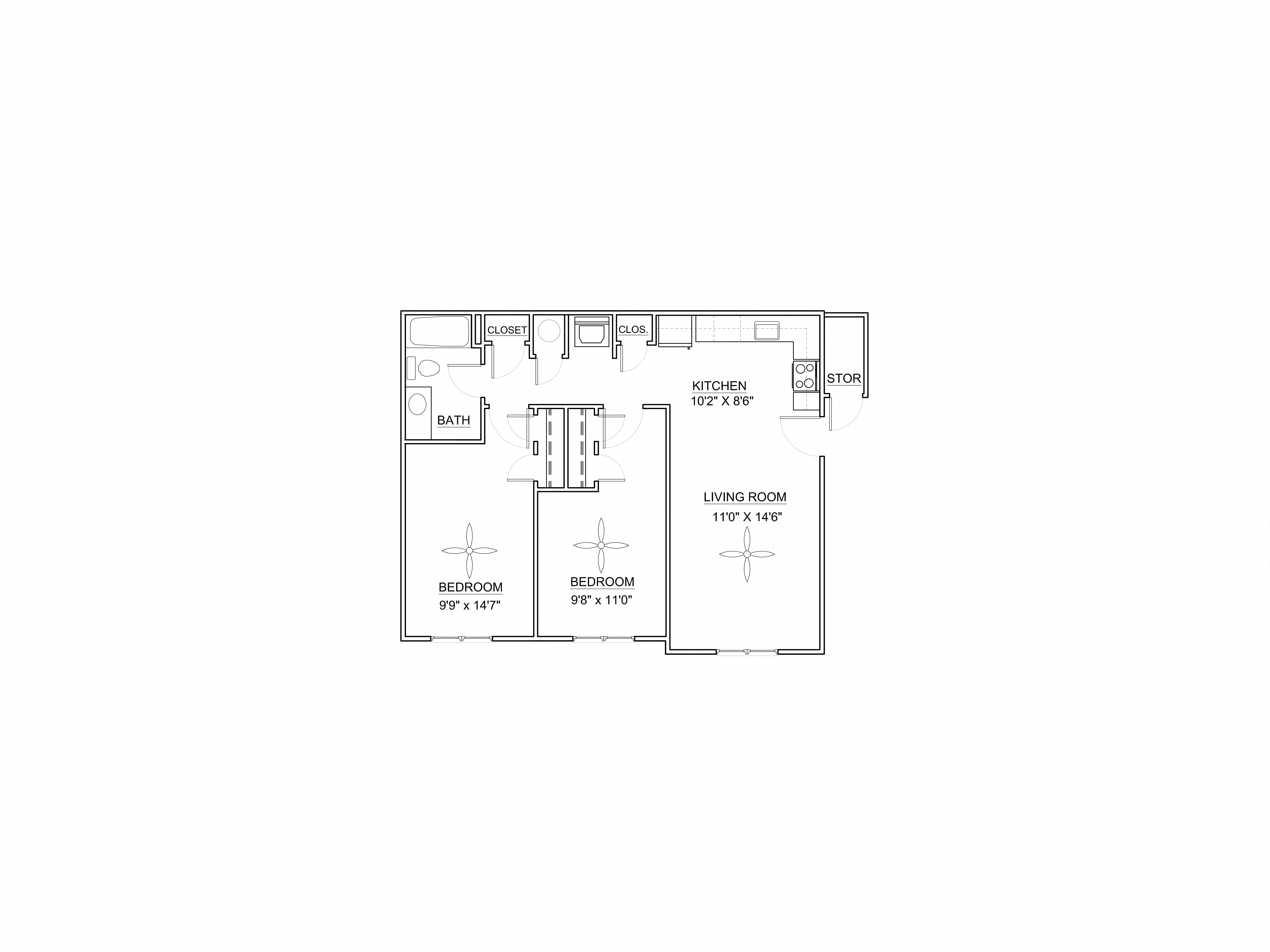 Floor plan for 2 beds, 1 bath, 775 sqft